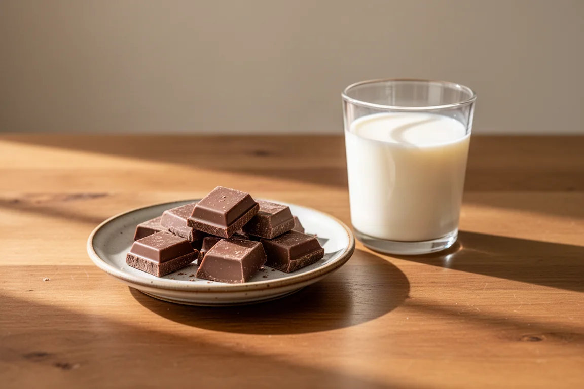 Milchschokoladenstücke neben einem Glas Milch auf dem Küchentisch arrangiert
