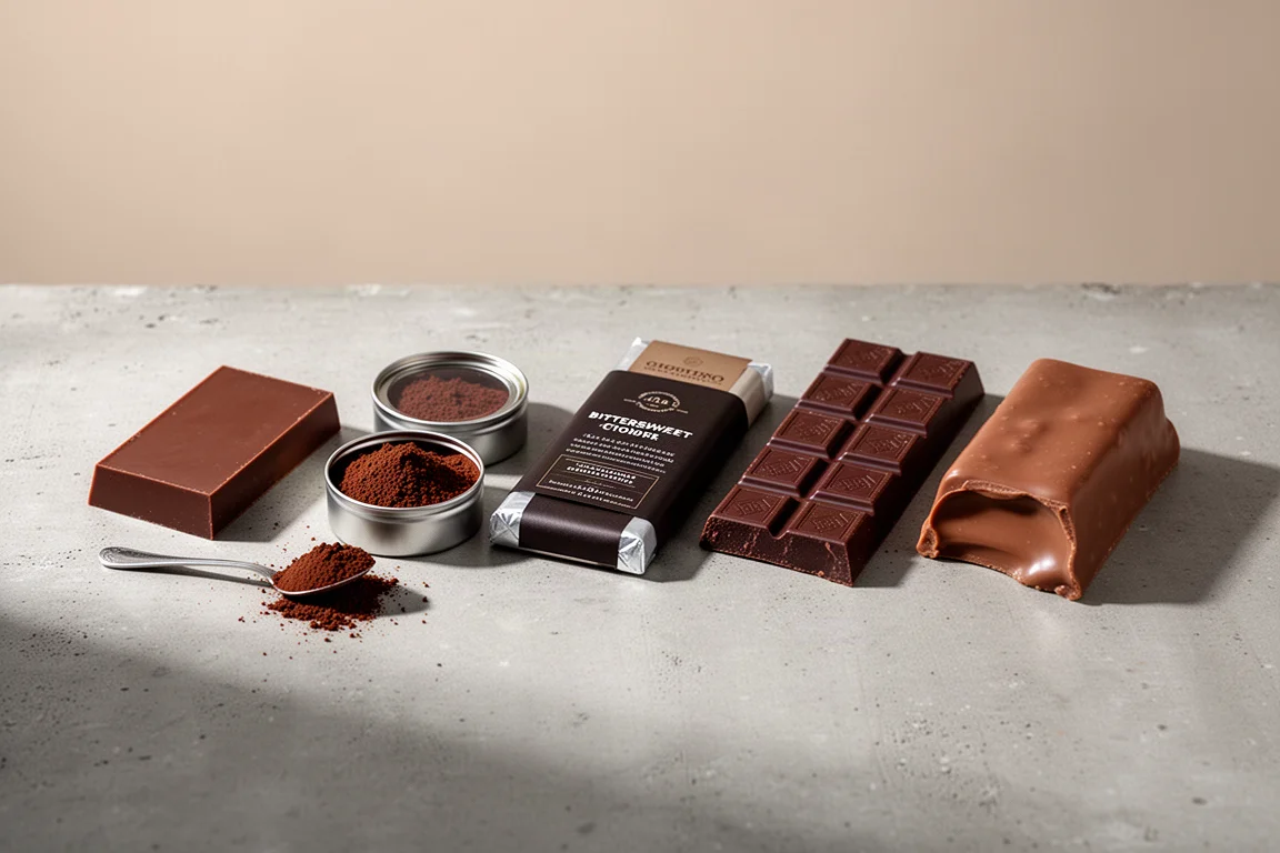 Five types of chocolate arranged in a row on a concrete surface, from baking block to milk chocolate bar