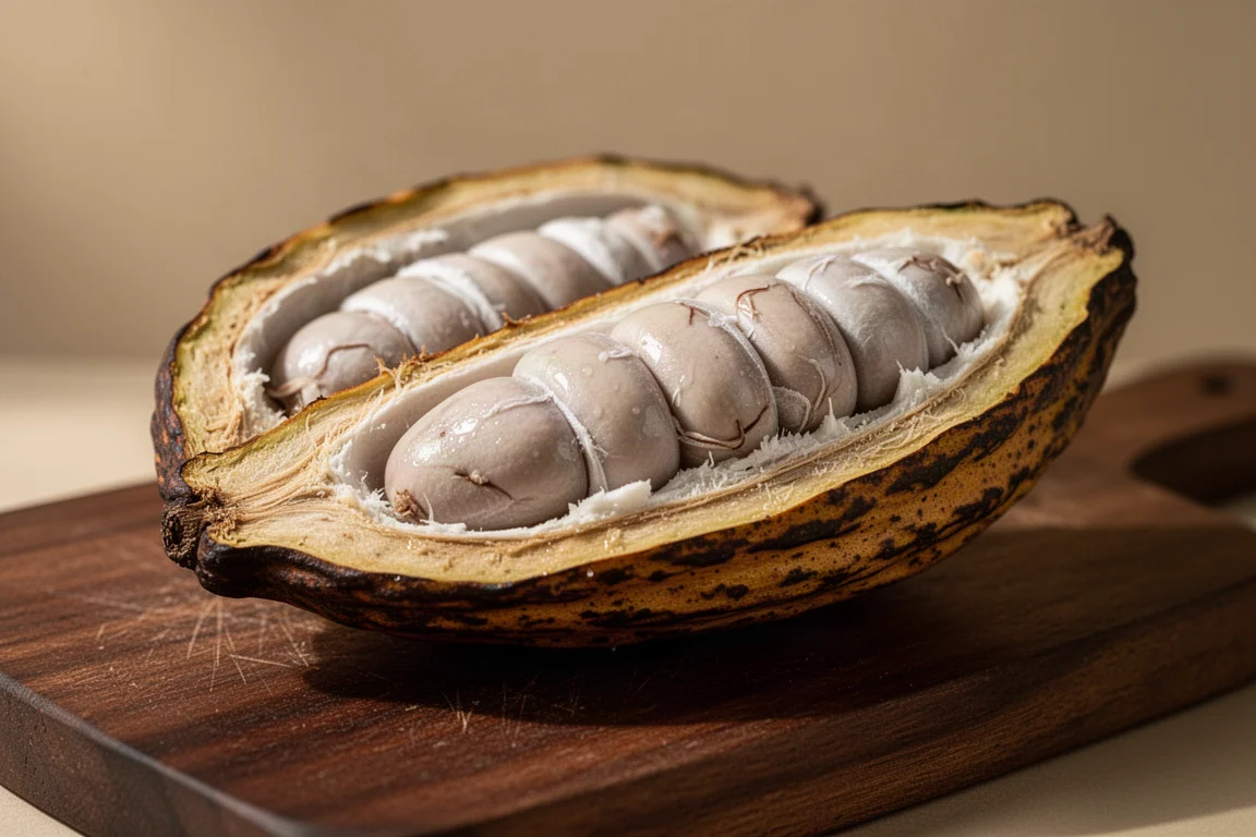 Un baccello di cacao fresco aperto che mostra fagioli chiari circondati dalla polpa bianca
