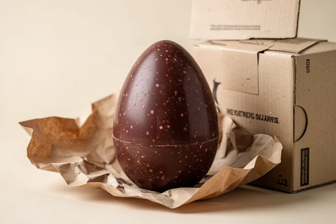 Un uovo di Pasqua di cioccolato fondente artigianale su una confezione di carta rustica