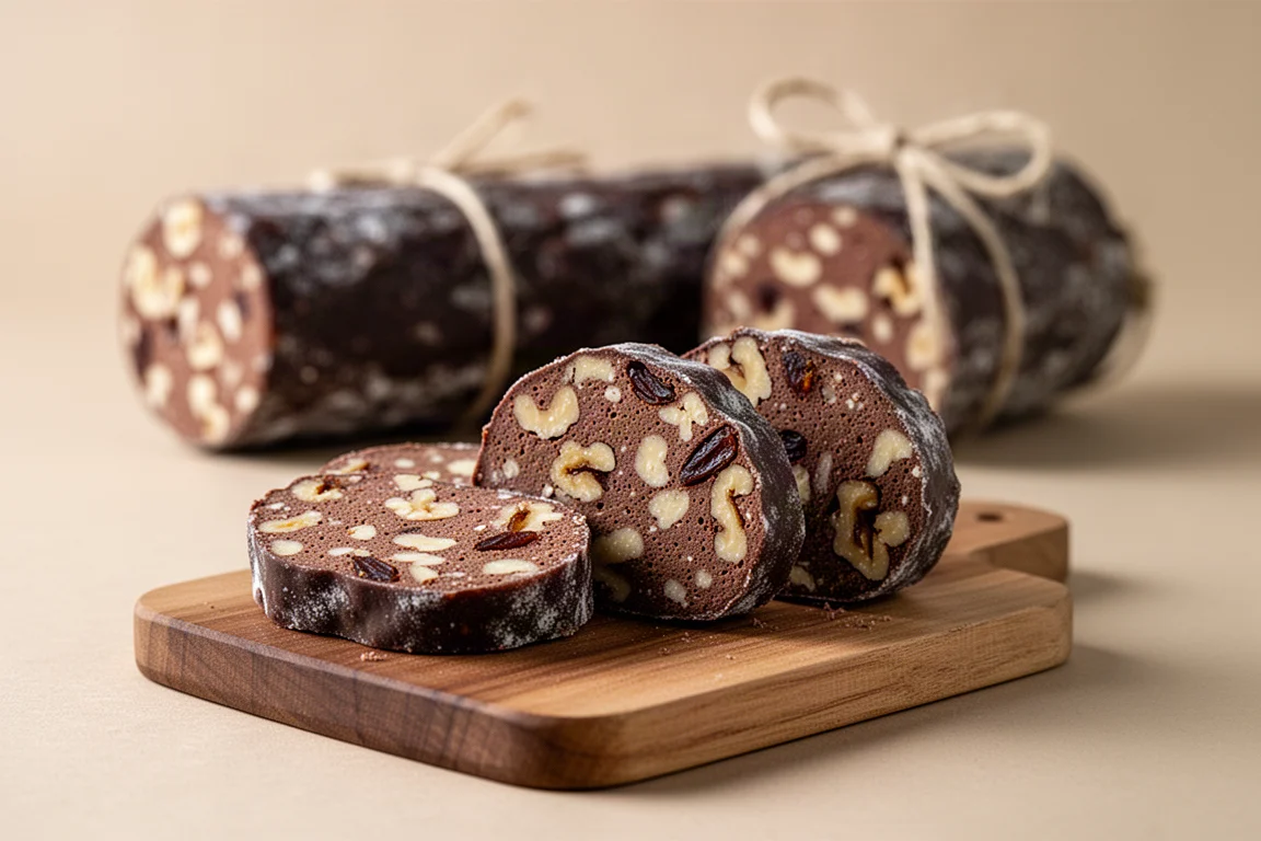 Fette di salame di cioccolato con noci e datteri su un tagliere di legno