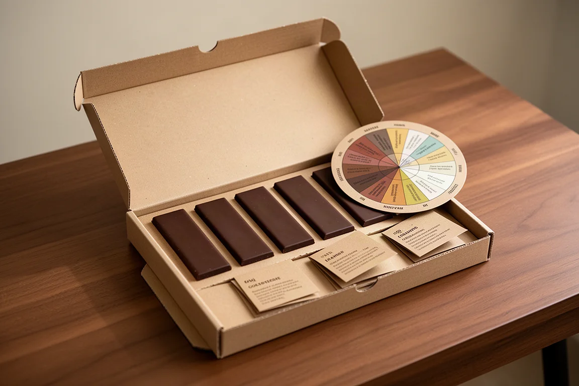 Una confezione aperta di degustazione di cioccolato con tavolette, una ruota degli aromi e note di degustazione