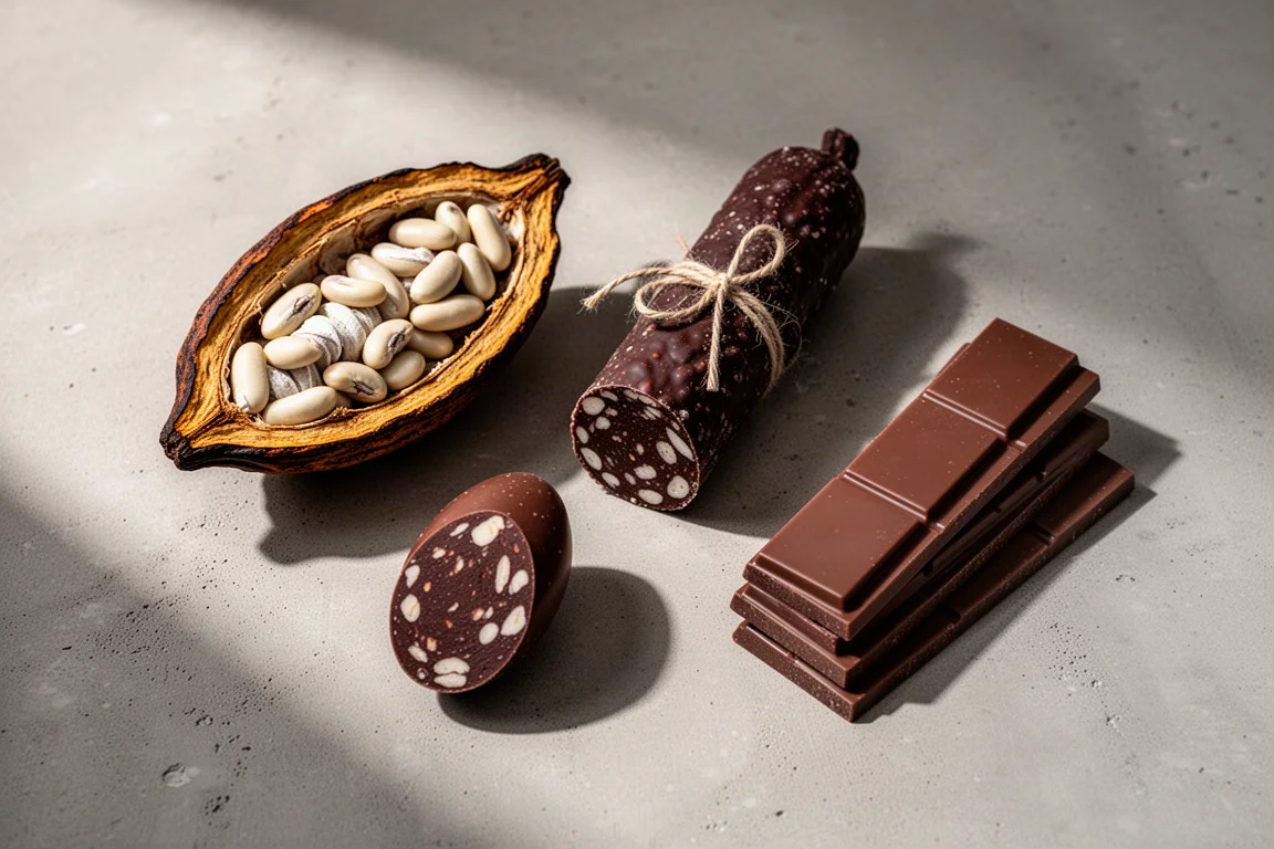 Four chocolate products arranged on a concrete surface: cocoa pod, chocolate egg, chocolate salami and chocolate bars