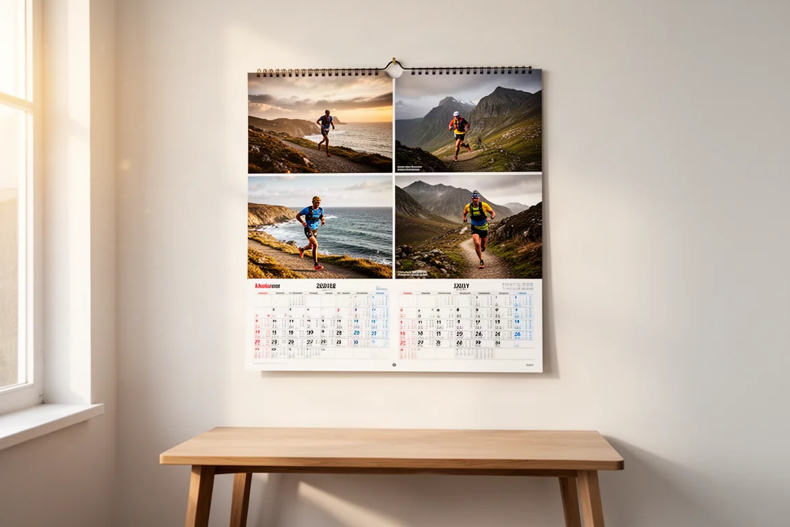 Een wandkalender vol spectaculaire racefotografie die boven een bureau hangt