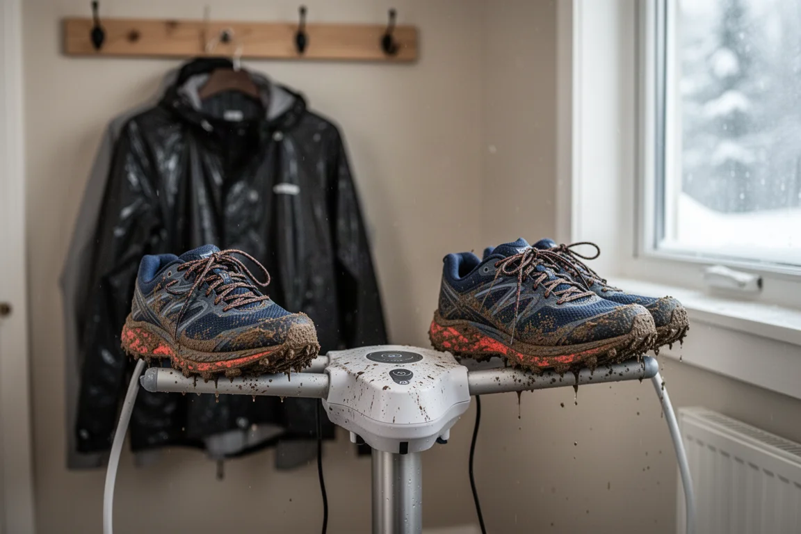 Natte hardloopschoenen naast een compacte elektrische schoendroger na een regenachtige hardlooptraining