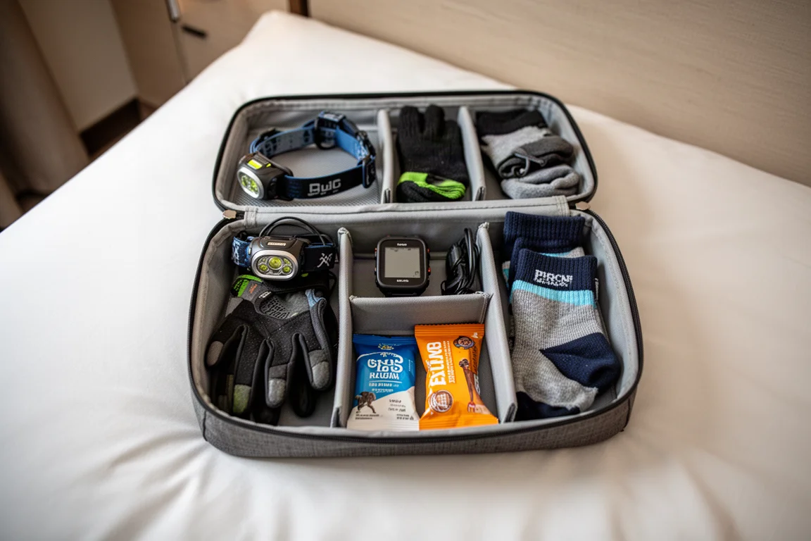 Raceuitrusting netjes georganiseerd in een compartimenten-gearbag voor een evenement