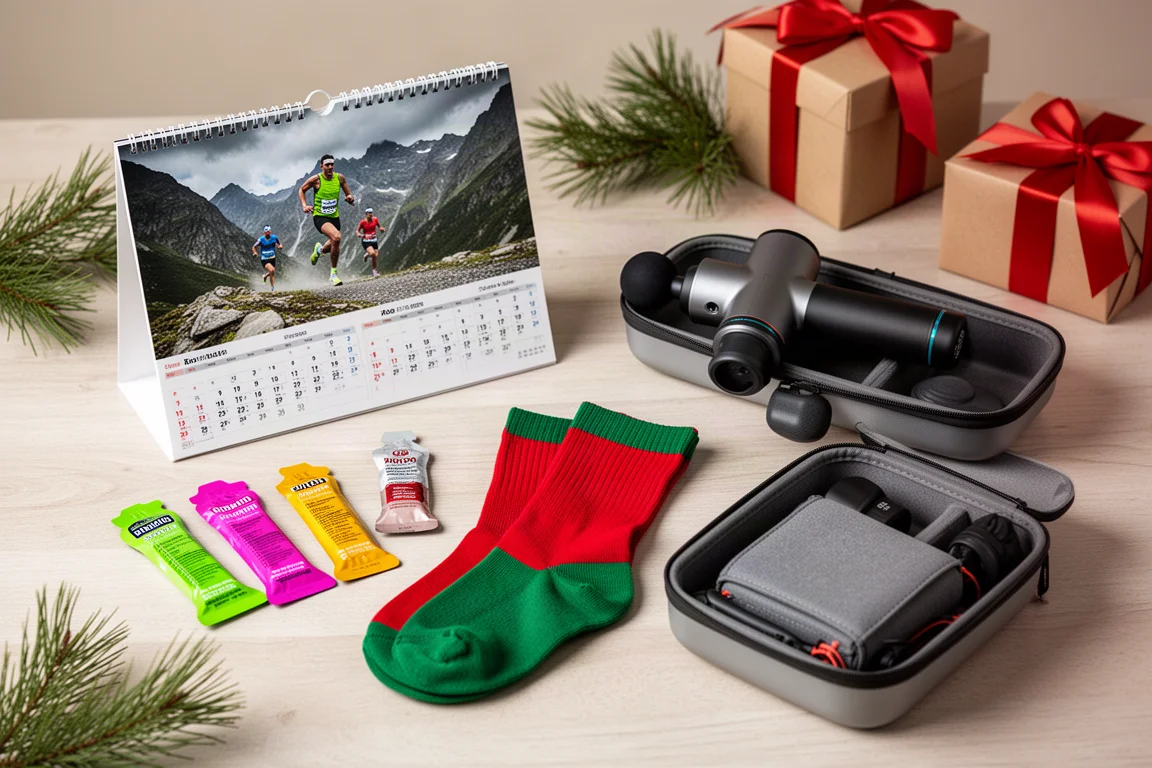 Festive flat-lay of running gifts including a calendar, socks, massage gun and gear bag
