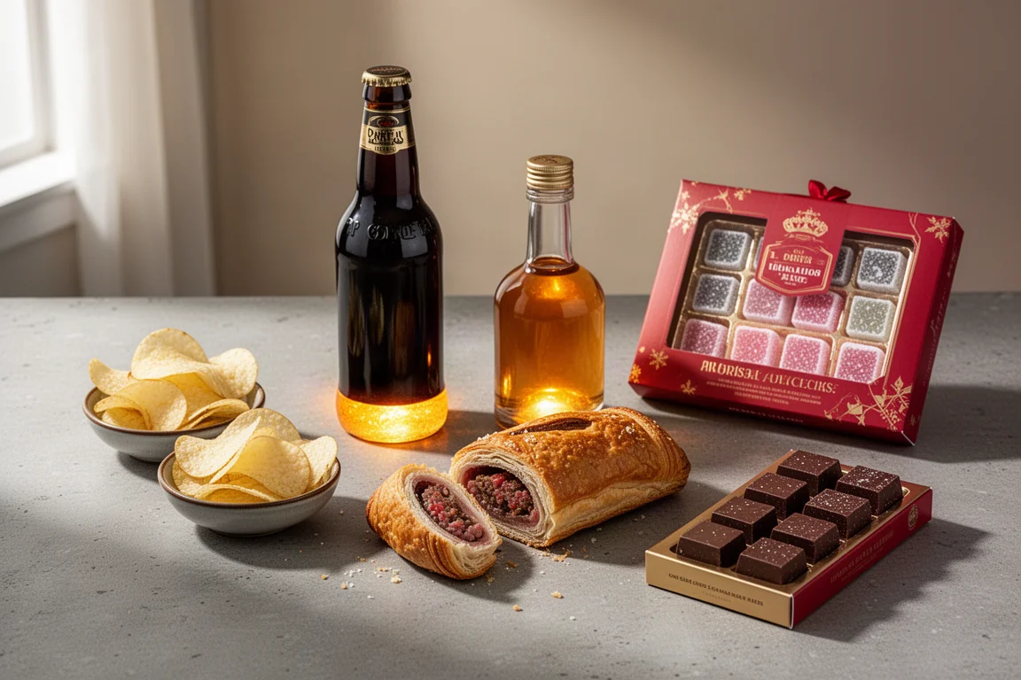 Composizione natalizia di patatine, bevande, secondi piatti e dolcetti su una superficie di cemento
