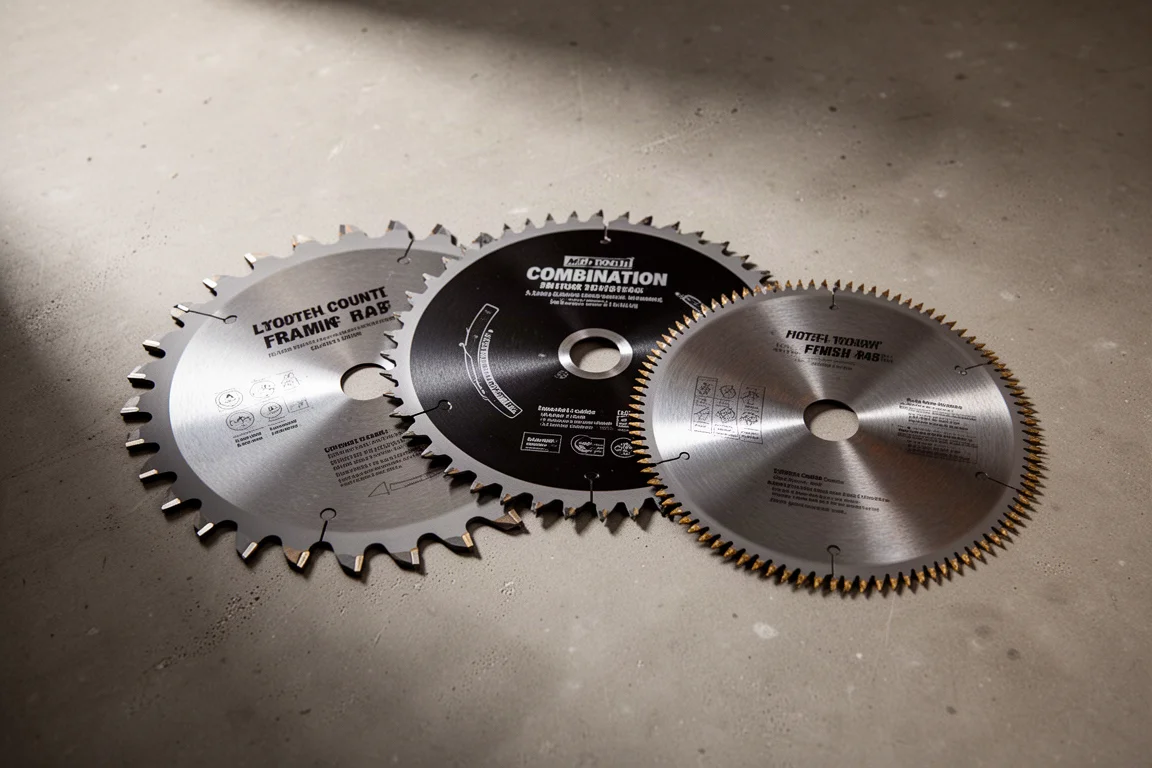 Three circular saw blades with different tooth counts fanned out on a concrete floor