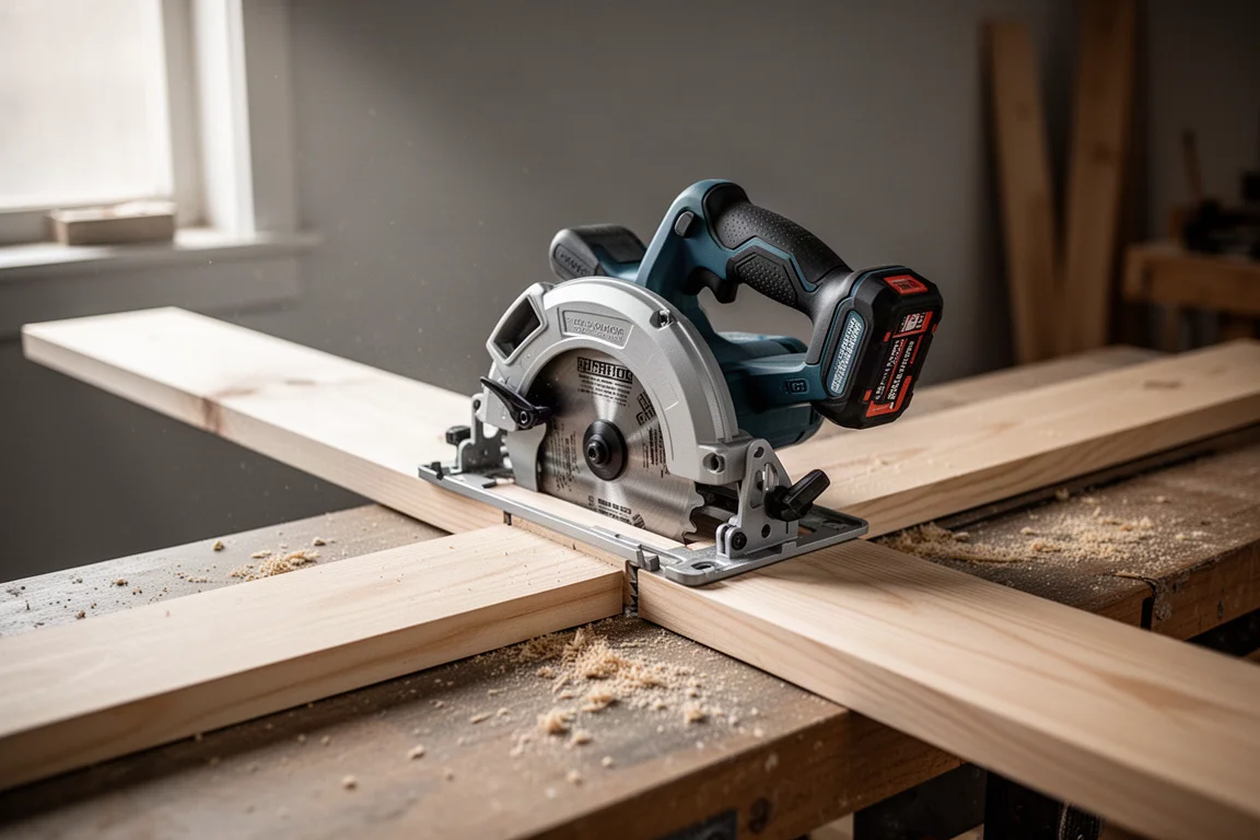 Sega circolare appoggiata su una guida di legno dritta in un laboratorio
