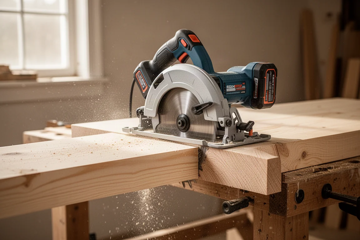 Cordless circular saw cutting through a timber board on a workbench