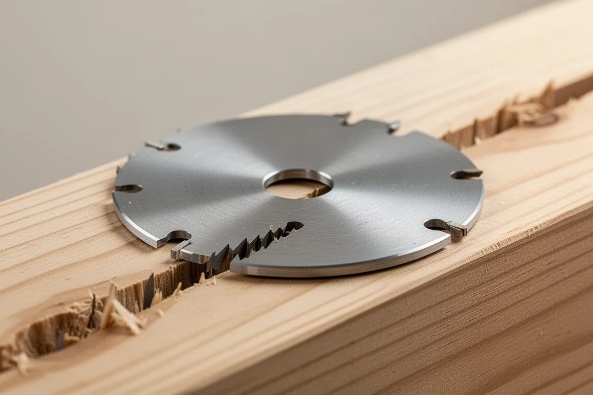 Close-up of an aluminum saw base plate resting on freshly cut lumber