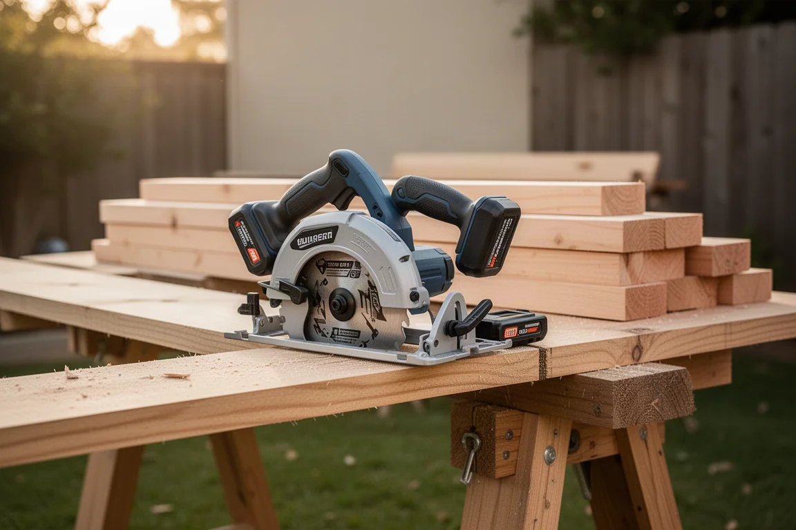 Compact 6.5 inch cordless circular saw on a sawhorse in a backyard workshop