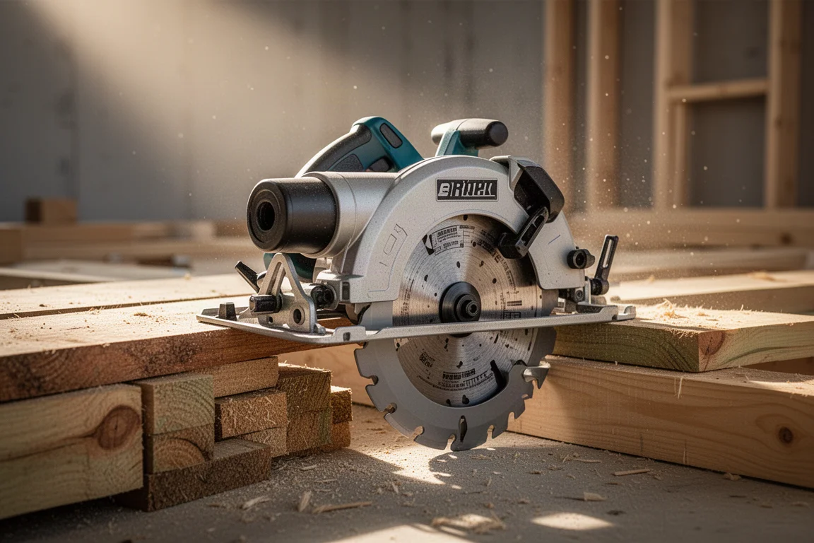 Worm drive circular saw leaning against a stack of framing lumber