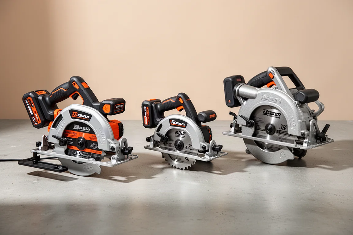 Three circular saws lined up side by side on a concrete surface