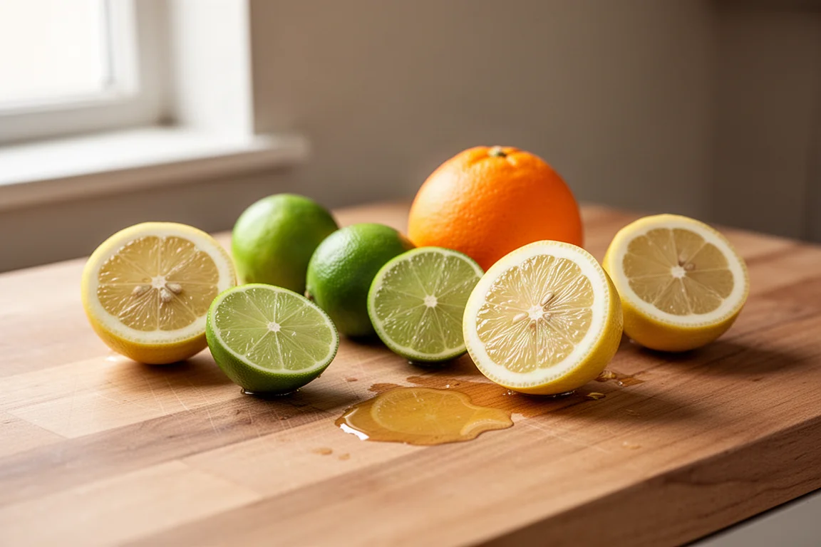 Halved lemons and limes arranged on a wooden kitchen counter