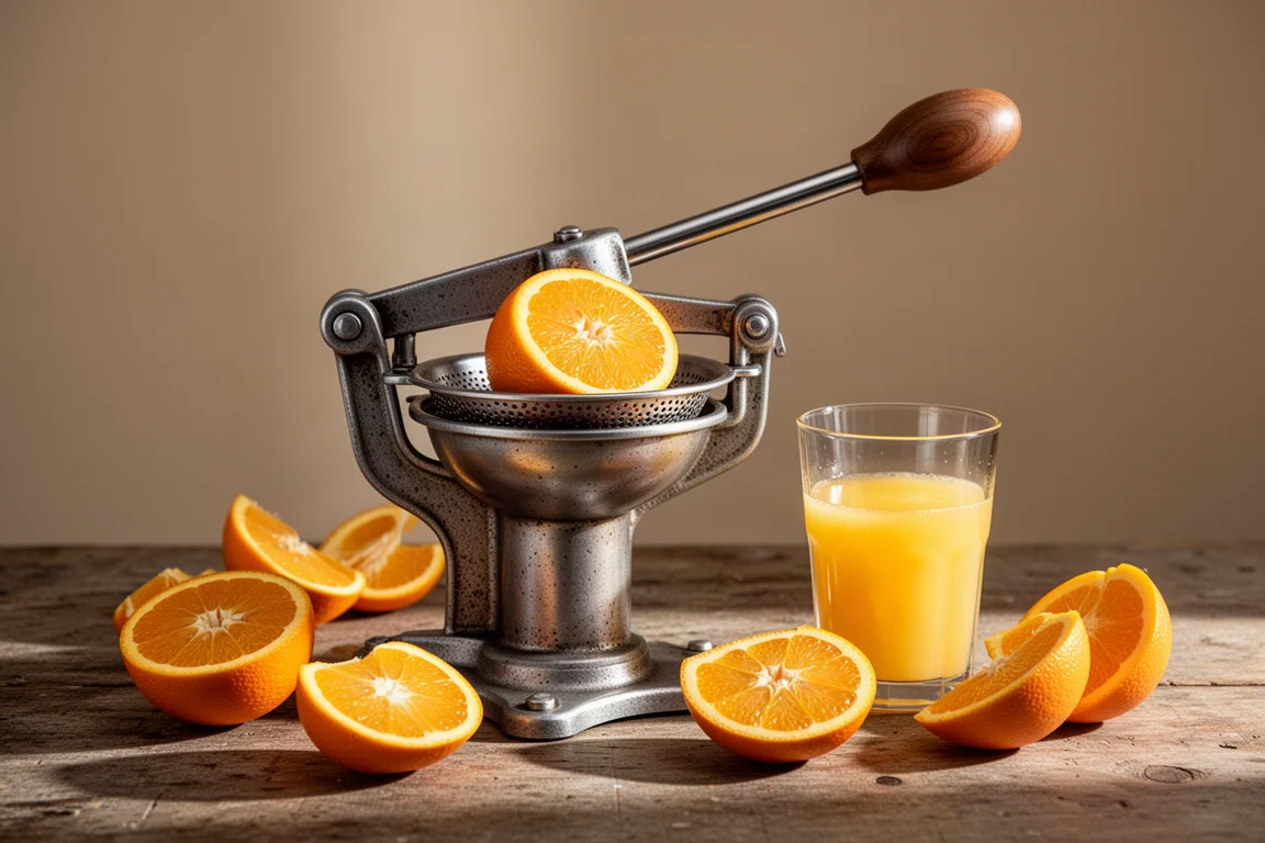 A sturdy metal countertop citrus press surrounded by halved oranges