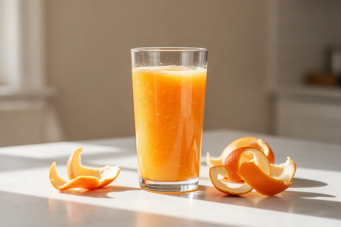 A glass of fresh orange juice on a bright kitchen table
