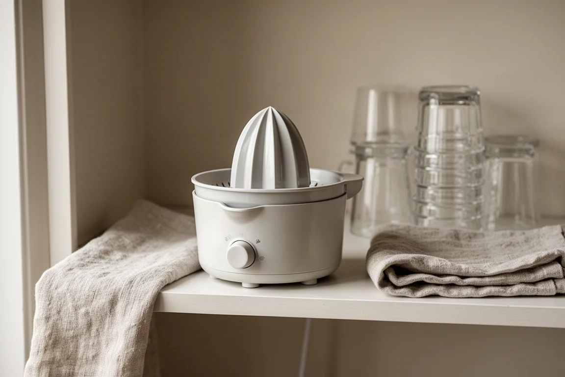 An electric citrus juicer resting under a cloth on a kitchen shelf