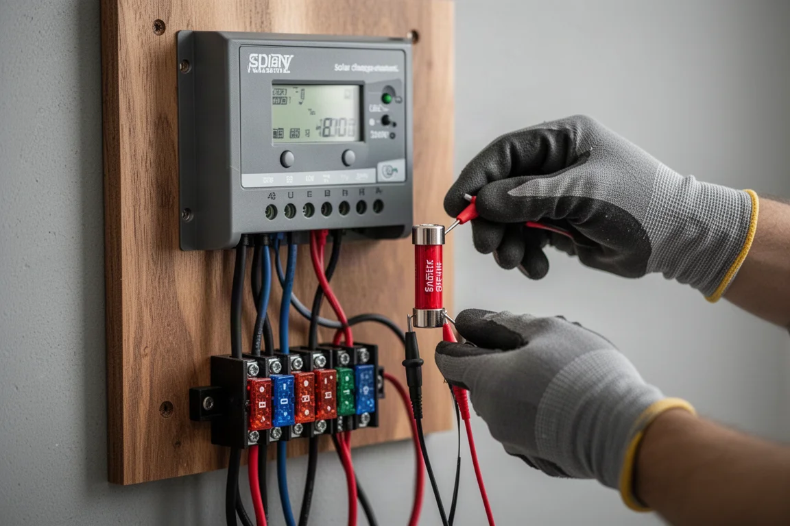 Technicus test een zekering in een opstelling met een solar charge controller