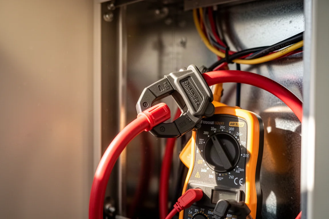 Tangzetmeter geklemd rond een dikke kabel in fel daglicht