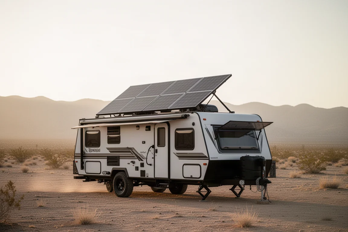 Off-grid zonnepaneelarray op een aanhangwerdak tijdens het gouden uur