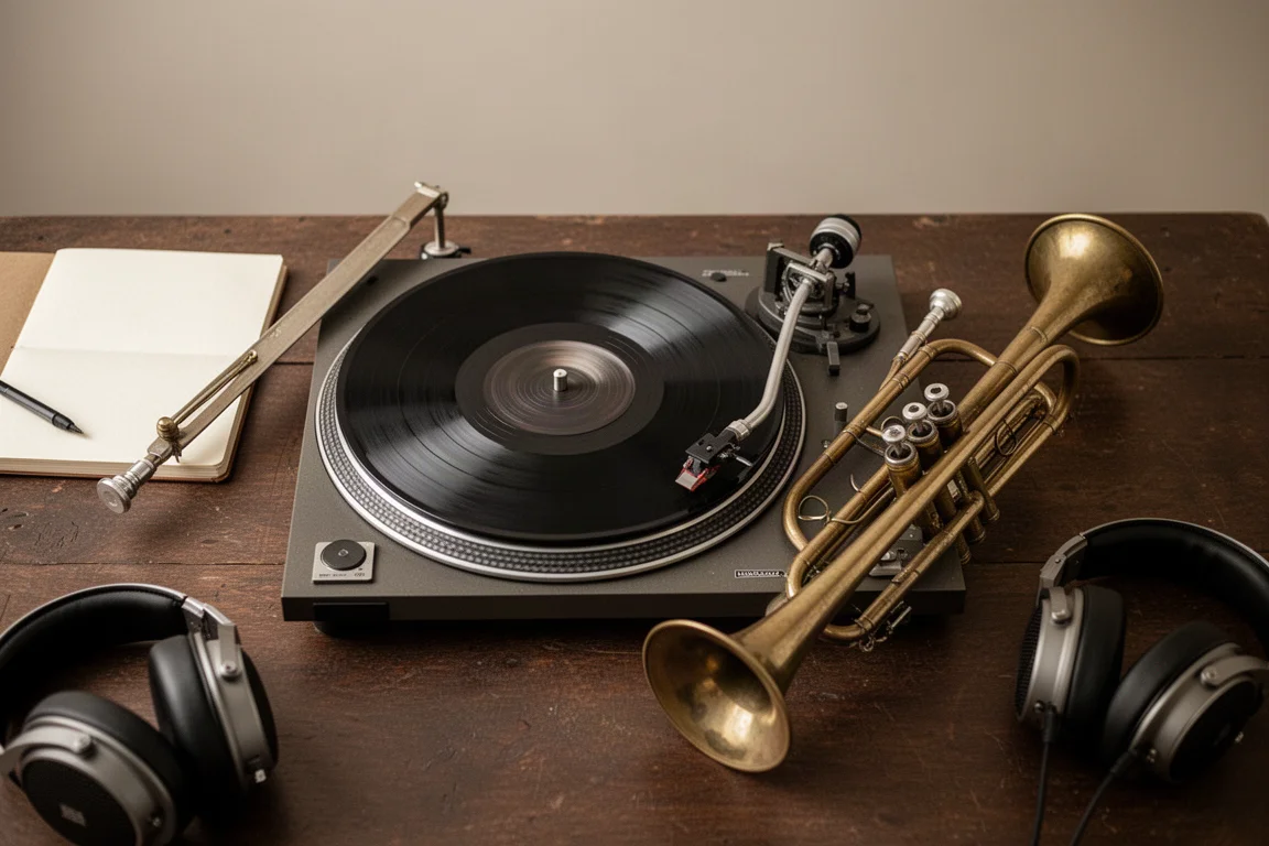 Disco de vinilo girando en un tocadiscos con una trompeta de metal descansando cerca