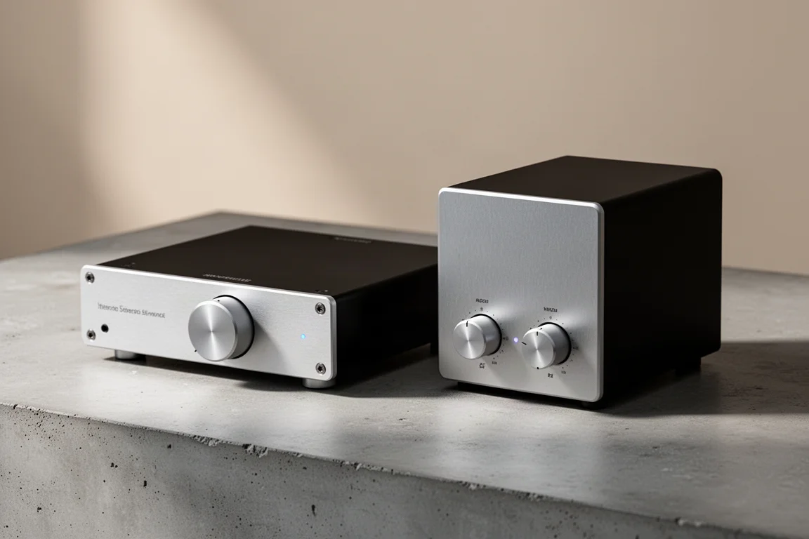 Two compact desktop Class D stereo amplifiers side by side on a concrete surface