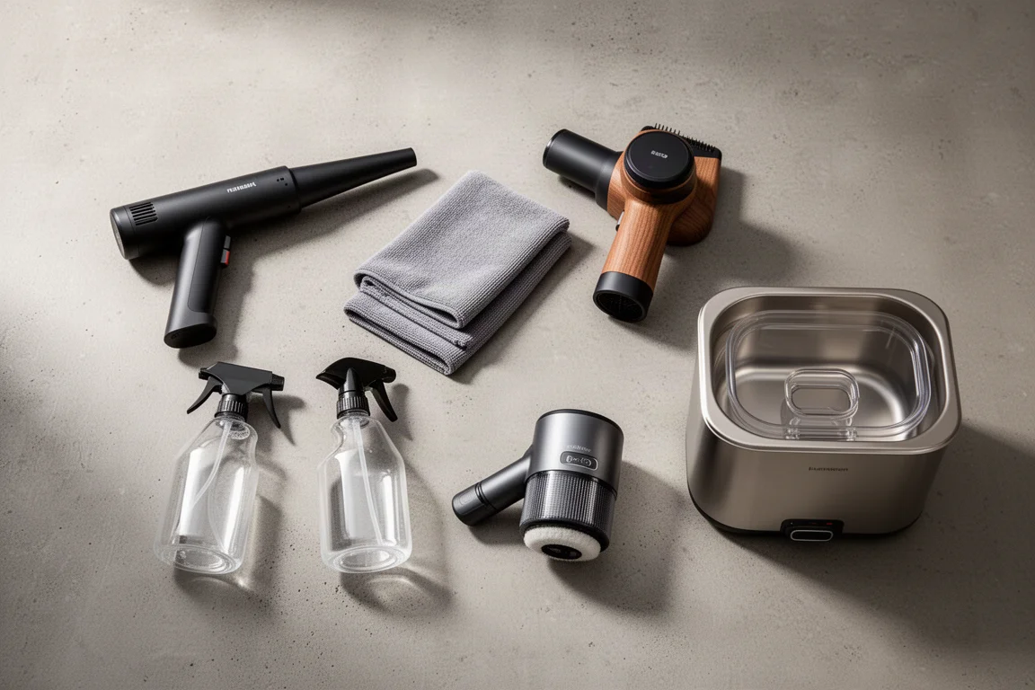 Five cleaning tools arranged on a concrete surface in an editorial flat-lay