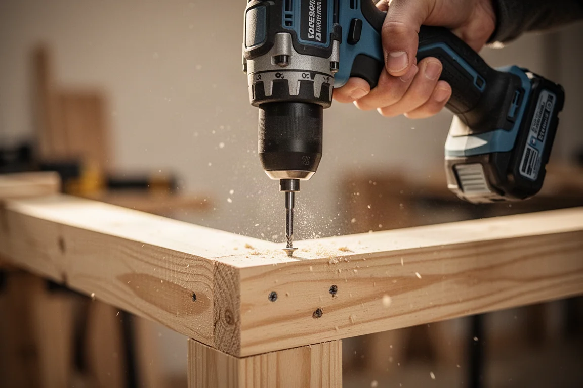 Atornillador de impacto compacto apretando un tornillo en una viga de madera