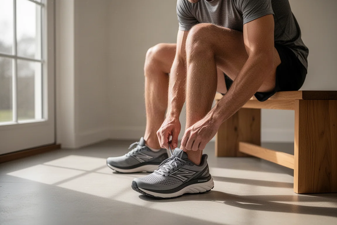 Hardloper strikt een gedempte dagelijkse trainer op een houten vloer vóór een rustige loop
