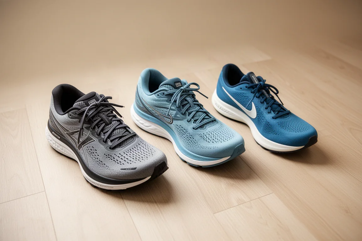 Drie hardloopschoenen als rotatie gerangschikt op een neutrale vloer