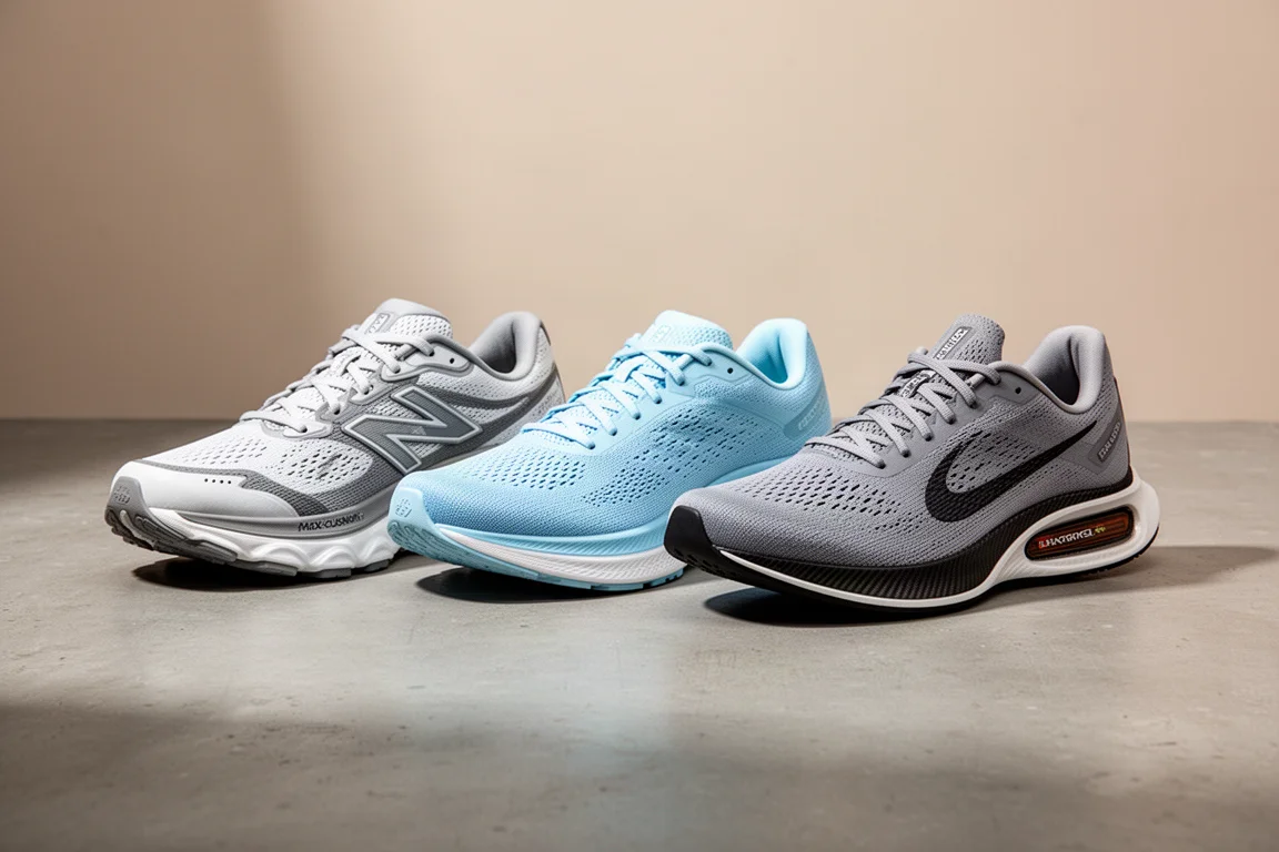 Three clearance running shoes side by side on a grey concrete surface