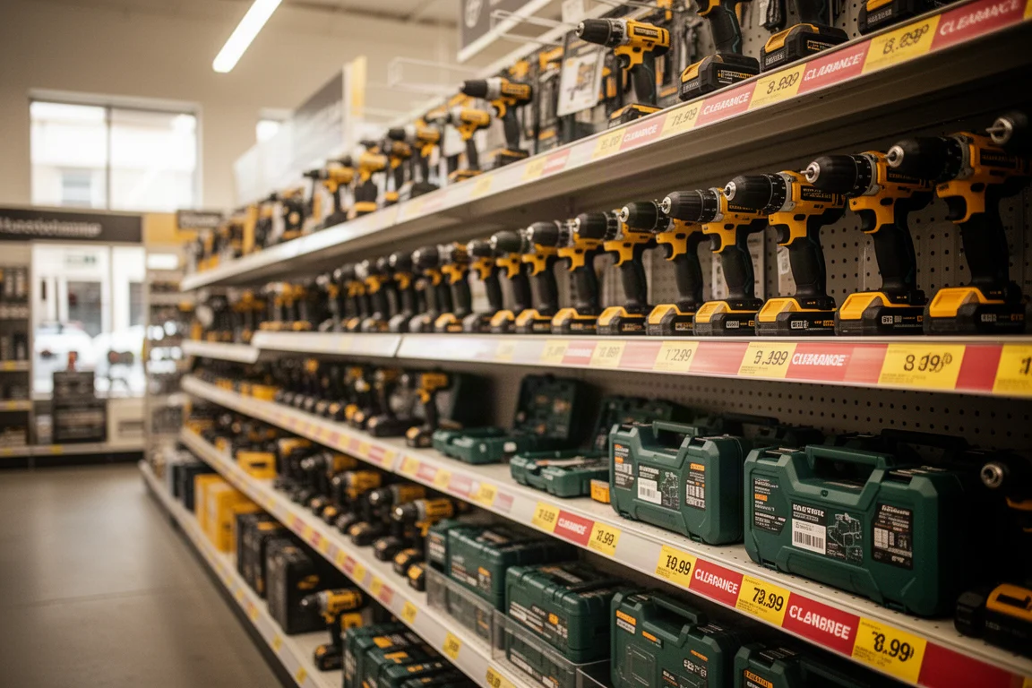 Un acquirente sfoglia il reparto utensili elettrici con etichette di saldo visibili sugli scaffali