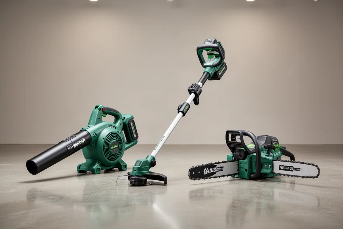 Utensili elettrici da giardino a batteria allineati nell'area espositiva di un negozio