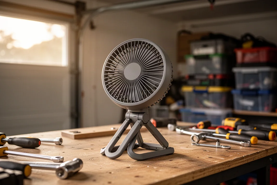 Ventilatore portatile a batteria appoggiato su un banco da lavoro in garage