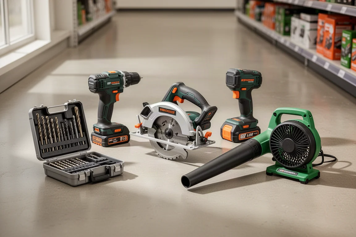Assorted cordless power tools arranged on a concrete floor in a bright retail setting