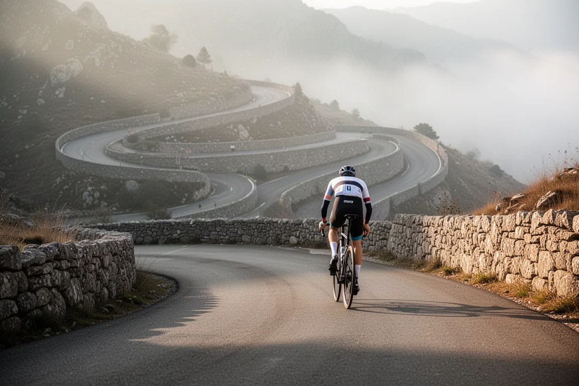 Ciclista subindo uma curva fechada íngreme de estrada alpina na névoa da manhã
