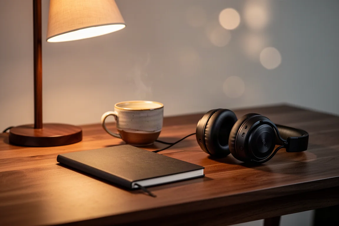 Cuffie over-ear su una scrivania di legno accanto a una tazza di caffè sotto la luce calda di una lampada