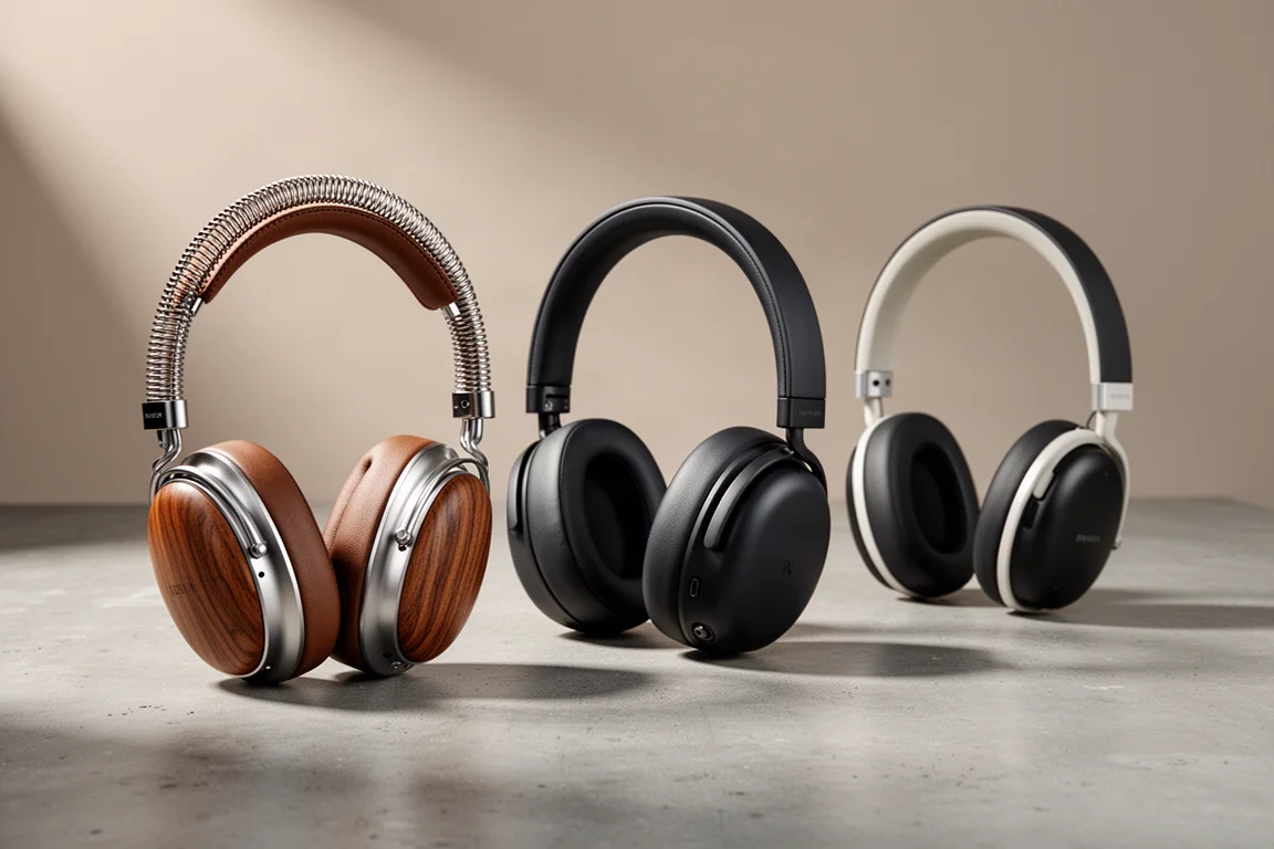 Three pairs of closed-back over-ear headphones on a matte concrete surface