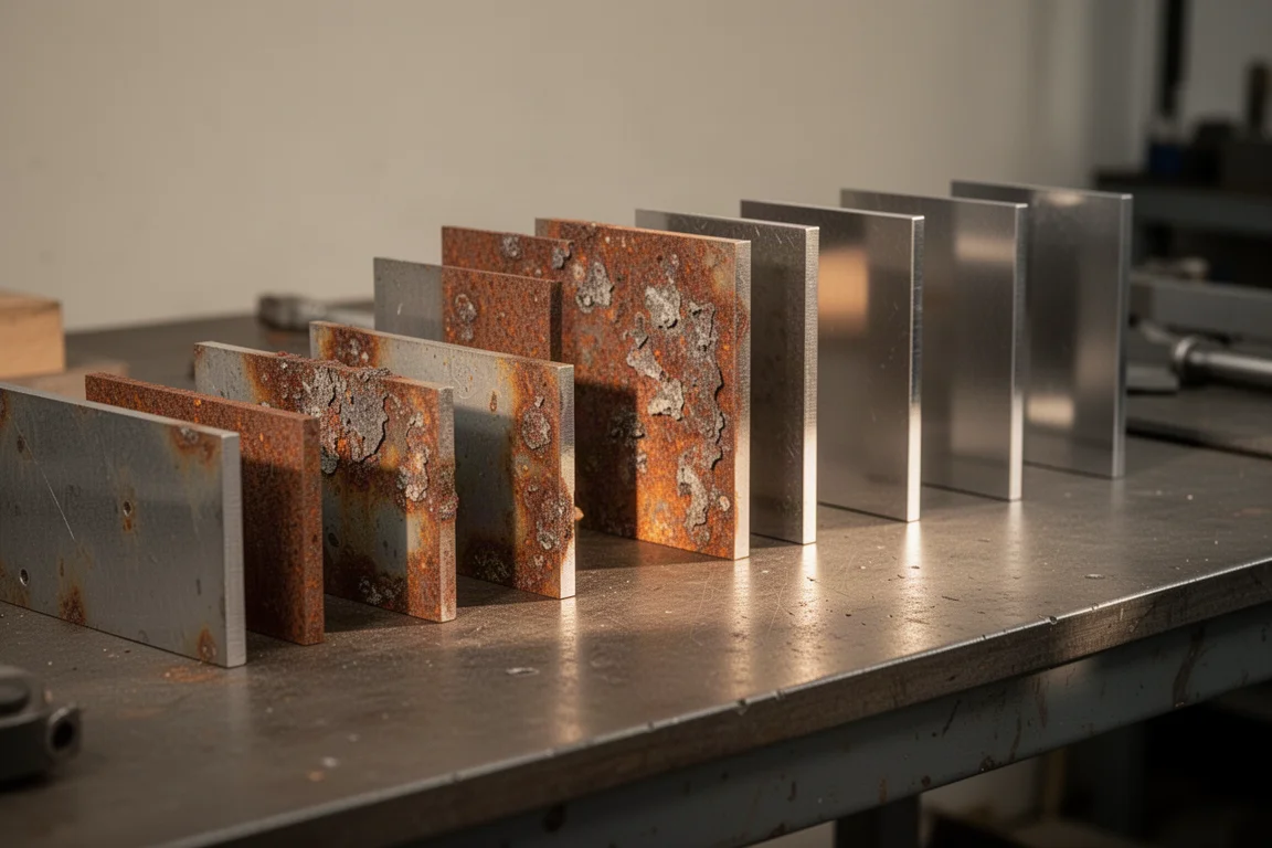 Panneaux d'acier rouillés alignés après le test de corrosion