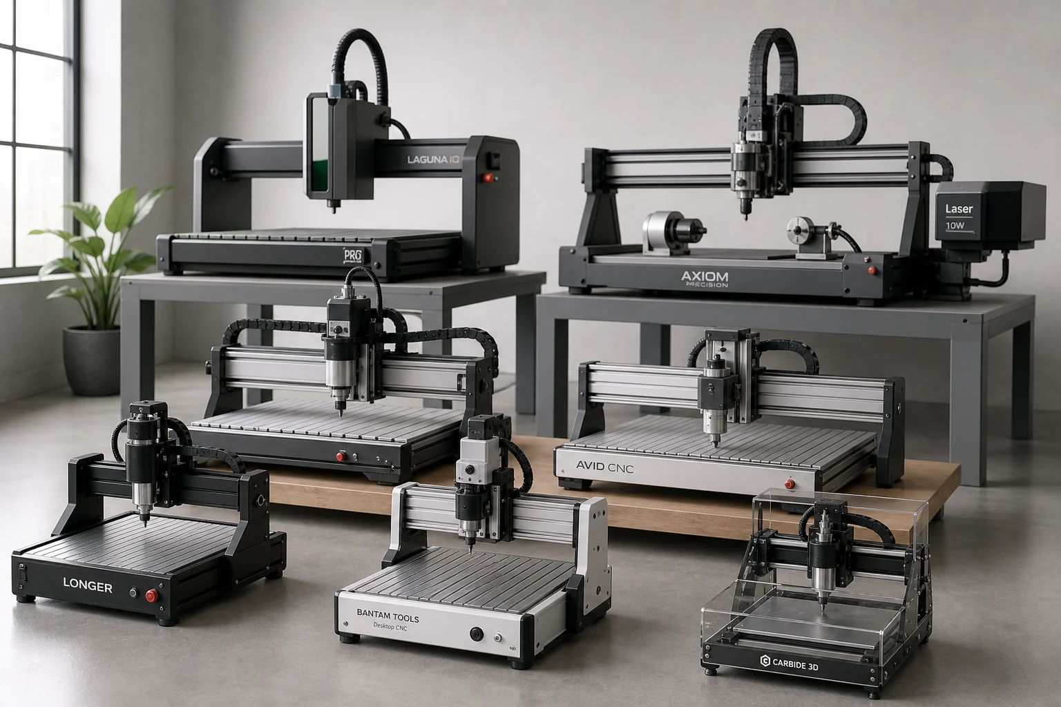 Collection of six CNC machines from Carbide 3D, NextWave CNC, and Onefinity displayed together