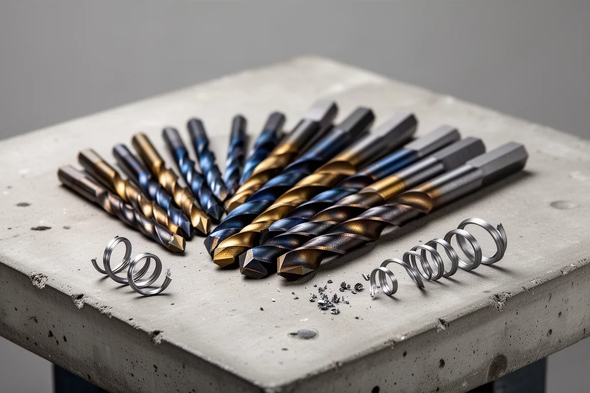 Set of cobalt twist drill bits fanned out on a concrete workbench with steel swarf