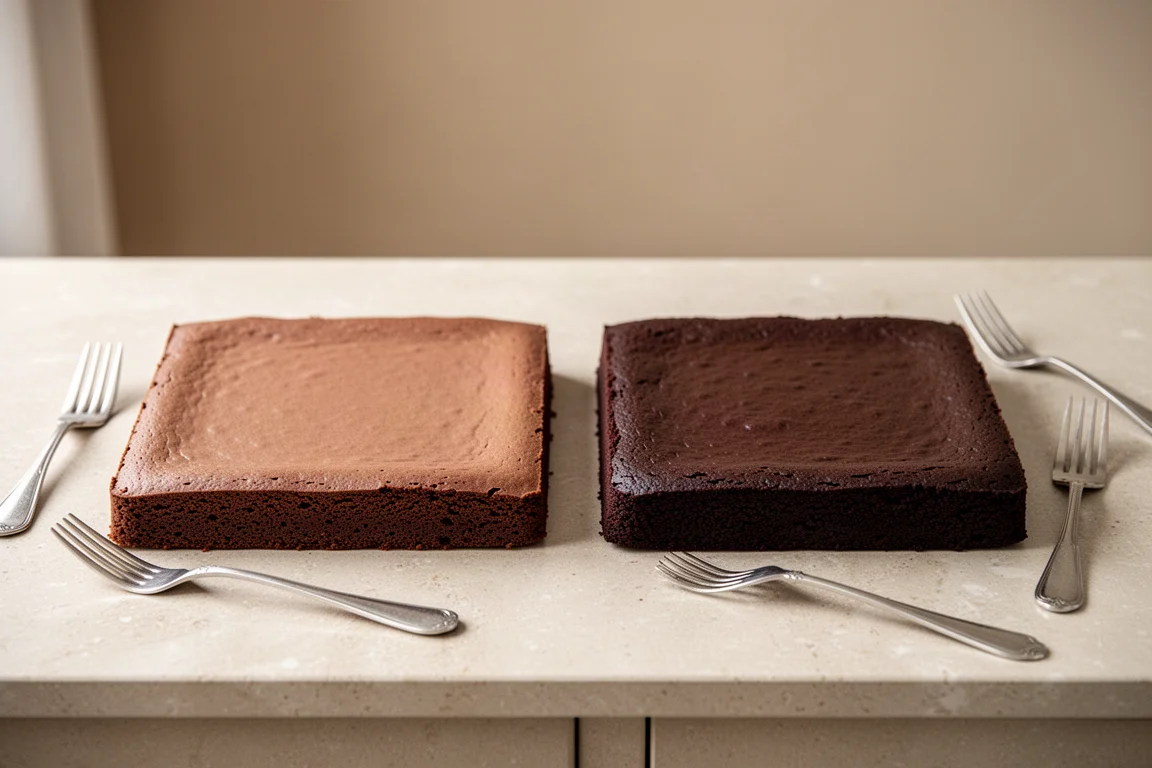 Dos pasteles de chocolate uno al lado del otro, uno claro y otro marrón oscuro