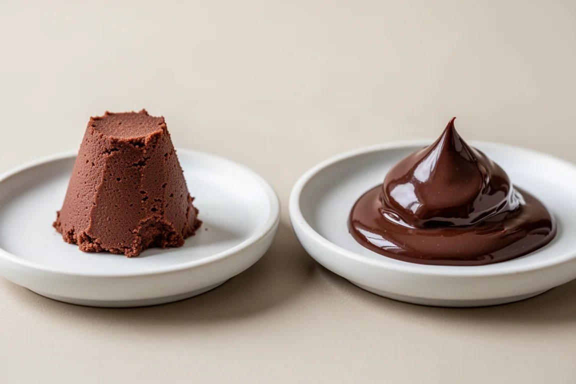 Dos pastas cocidas de cacao y agua, una rígida y otra brillante