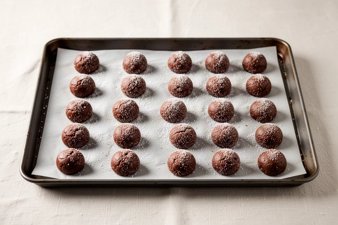 Bolas de masa de galleta recubiertas de azúcar granulado en una bandeja de horno