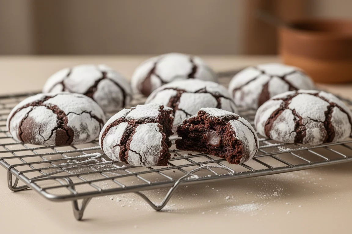 Galletas crinkle recién horneadas espolvoreadas con azúcar glas sobre una rejilla