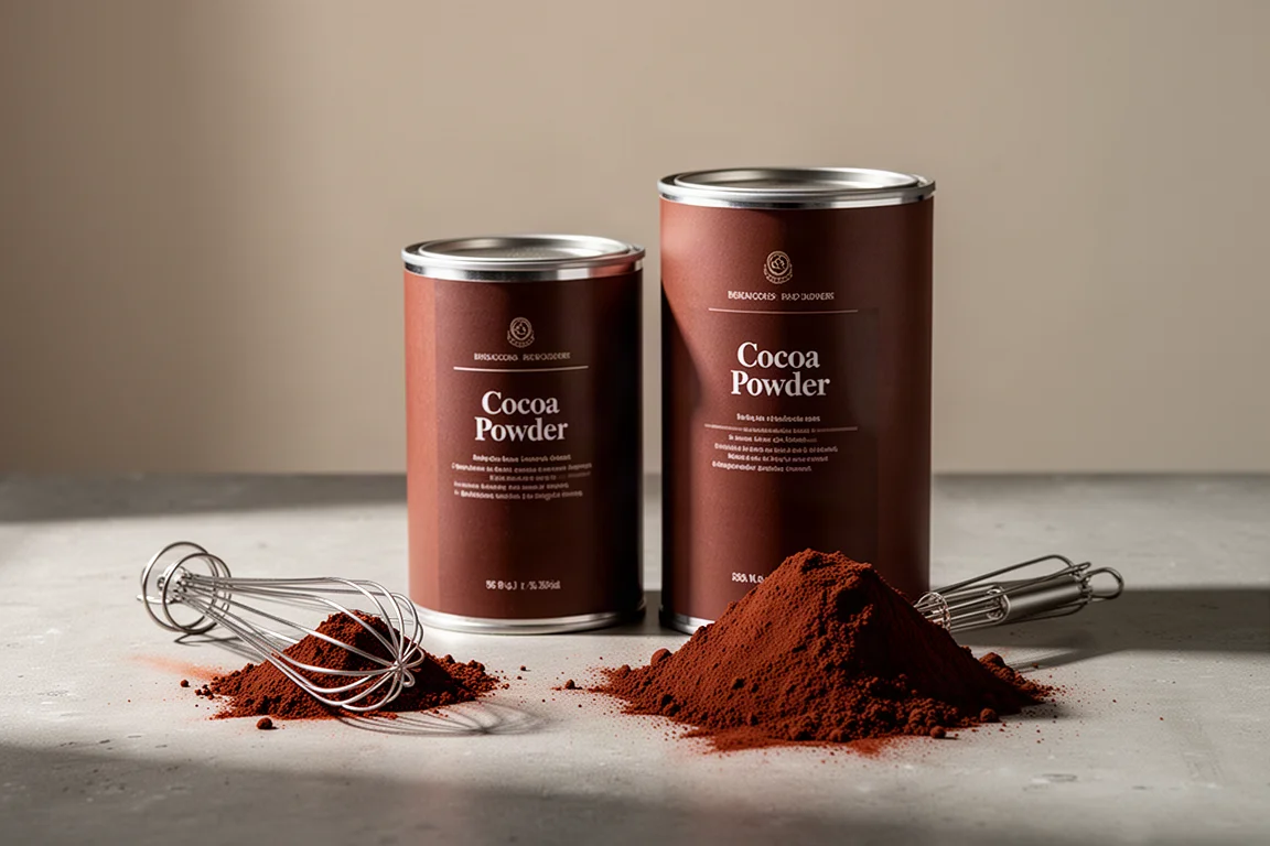 Two cocoa powder canisters with a mound of dark cocoa powder on a concrete surface