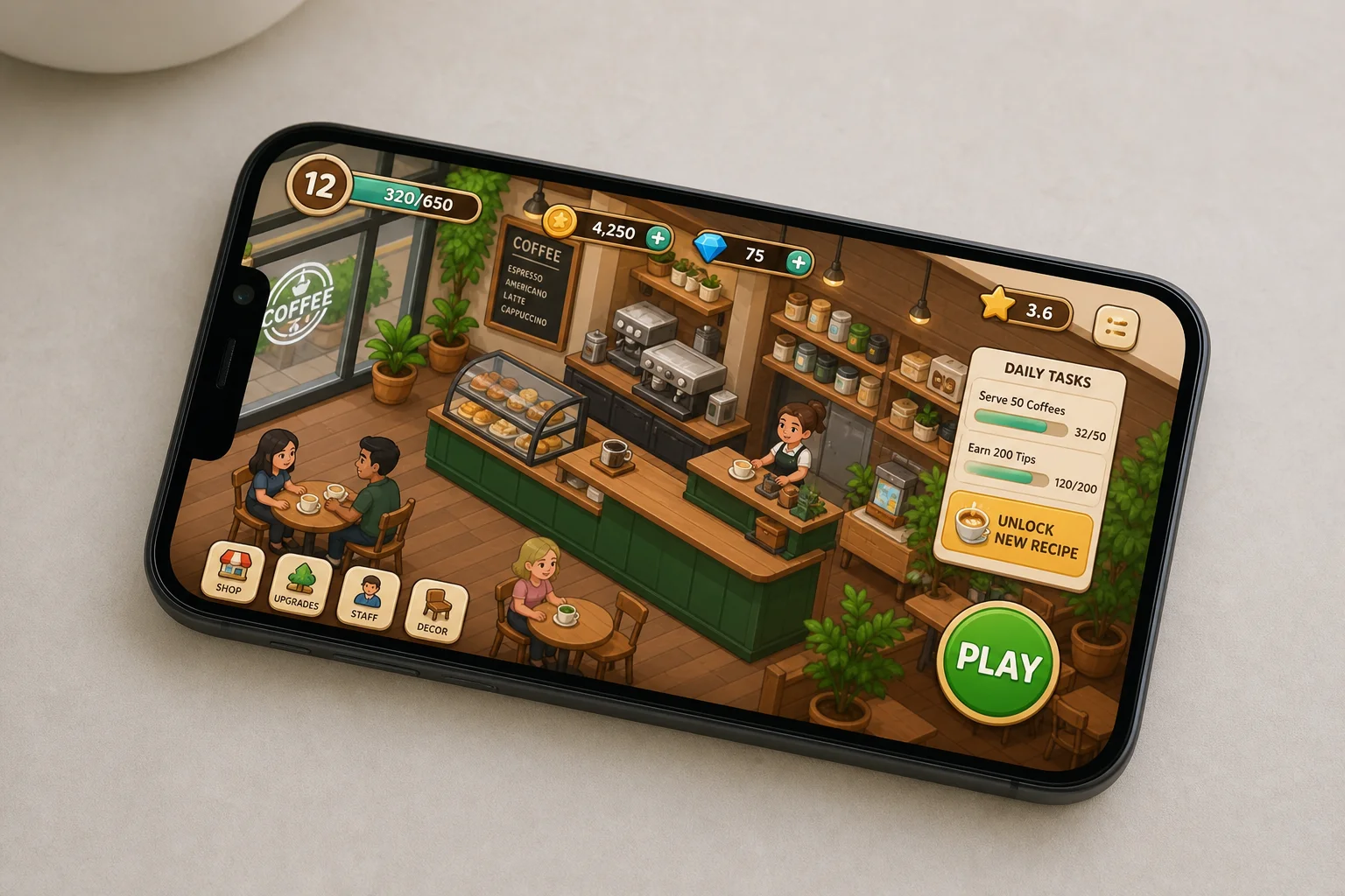 Smartphone displaying coffee shop management game with colorful cafe layout interface