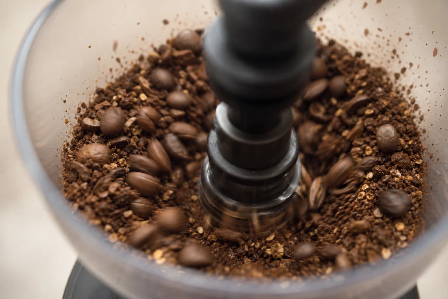 Close-up of coffee beans being ground in a blade grinder with motion blur